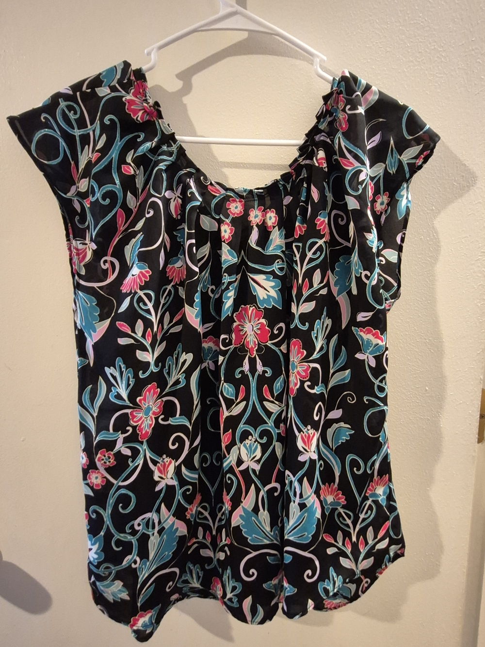 LC Lauren Conrad Black Floral Flutter Sleeve Blouse with Teal and Pink Accents